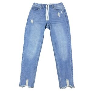 Princess Polly Womens Mid Rise Distressed Denim Jeans Front Zip Raw Hem‎  Size 2